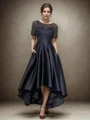 A-Line Bateau Short Sleeves Appliques Lace Asymmetrical Satin Mother of the Bride Dress