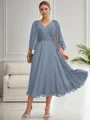 A-line V-neck 3/4 Sleeves Appliques Lace Tea-Length Chiffon Mother of the Bride Dress