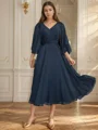 A-line V-neck 3/4 Sleeves Appliques Lace Tea-Length Chiffon Mother of the Bride Dress