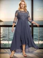 A-line Scoop 3/4 Sleeves Appliques Lace Asymmetrical Chiffon Mother of the Bride Dress