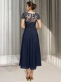 A-line Scoop Short Sleeves Appliques Lace Asymmetrical Chiffon Mother of the Bride Dress