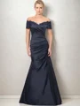 Sheath Off-the-Shoulder Short Sleeves Pleated Floor-Length Satin Mother of the Bride Dress