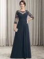 A-line Bateau 3/4 Sleeves Appliques Lace Floor-Length Chiffon Mother of the Bride Dress