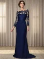 Sheath Bateau Long Sleeves Appliques Lace Sweep Train Stretch Crepe Mother of the Bride Dress