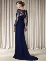 Sheath Bateau Long Sleeves Appliques Lace Sweep Train Stretch Crepe Mother of the Bride Dress