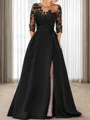 A-line Scoop 3/4 Sleeves Appliques Lace Sweep Train Satin Mother of the Bride Dress