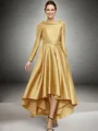 A-line Bateau Long Sleeves Ruffles Asymmetrical Satin Mother of the Bride Dress