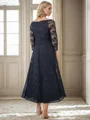 A-line V-neck 3/4 Sleeves Ruffles Tea-Length Lace Mother of the Bride Dress