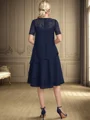 A-line Scoop Short Sleeves Appliques Lace Tea-Length Chiffon Mother of the Bride Dress