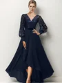 A-line V-neck Long Sleeves Ruffles Asymmetrical Chiffon Mother of the Bride Dress