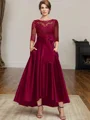 A-line Scoop 3/4 Sleeves Appliques Lace Ankle-Length Satin Mother of the Bride Dress