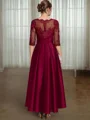 A-line Scoop 3/4 Sleeves Appliques Lace Ankle-Length Satin Mother of the Bride Dress