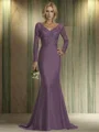 Mermaid V-neck Long Sleeves Appliques Lace Sweep Train Silk Like Satin Mother of the Bride Dress
