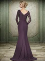 Mermaid V-neck Long Sleeves Appliques Lace Sweep Train Silk Like Satin Mother of the Bride Dress