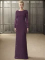 Sheath Scoop Long Sleeves Appliques Lace Floor-Length Stretch Crepe Mother of the Bride Dress