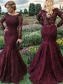 Mermaid Bateau Long Sleeves Appliques Lace Sweep Train Lace Mother of the Bride Dress