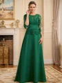 A-line Scoop 3/4 Sleeves Appliques Lace Floor-Length Chiffon Mother of the Bride Dress