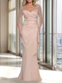 Sheath V-neck 3/4 Sleeves Pleated Floor-Length Charmeuse Mother of the Bride Dress