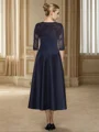 A-line Scoop 1/2 Sleeves Appliques Lace Tea-Length Satin Mother of the Bride Dress