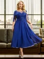 A-line Bateau 1/2 Sleeves Appliques Lace Tea-Length Chiffon Mother of the Bride Dress