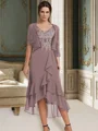 A-line V-neck 1/2 Sleeves Appliques Lace Asymmetrica Chiffon Mother of the Bride Dress