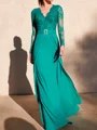 A-line V-neck Long Sleeves Appliques Lace Sweep Train Chiffon Mother of the Bride Dress
