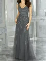 A-line V-neck Appliques Lace Sweep Train Tulle Mother of the Bride Dress