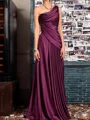 A-line One-Shoulder Pleated Floor-Length Silk Like Satin Mother of the Bride Dress
