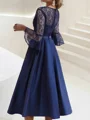 A-line Scoop 3/4 Sleeves Appliques Lace Tea-Length Satin Mother of the Bride Dress