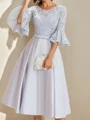 A-line Scoop 3/4 Sleeves Appliques Lace Tea-Length Satin Mother of the Bride Dress