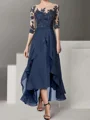 A-line Scoop 3/4 Sleeves Appliques Lace Asymmetrical Chiffon Mother of the Bride Dress
