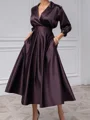 A-line V-neck 3/4 Sleeves Beading Tea-Length Silk Like Satin Mother of the Bride Dress