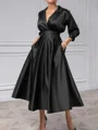 A-line V-neck 3/4 Sleeves Beading Tea-Length Silk Like Satin Mother of the Bride Dress
