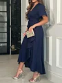 A-line V-neck Short Sleeves Ruffles Asymmetrical Stretch Crepe Mother of the Bride Dress