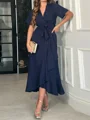 A-line V-neck Short Sleeves Ruffles Asymmetrical Stretch Crepe Mother of the Bride Dress