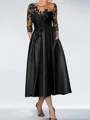A-line Scoop 3/4 Sleeves Appliques Lace Tea-Length Silk Like Satin Mother of the Bride Dress