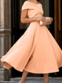 A-line Off-the-Shoulder Pleated Tea-Length Satin Corset Mother of the Bride Dress