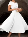 A-line Off-the-Shoulder Pleated Tea-Length Satin Corset Mother of the Bride Dress