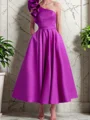 A-line One-Shoulder Ruffles Ankle-Length Satin Corset Mother of the Bride Dress