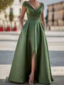 A-line V-neck Pleated Floor-Length Satin Corset Mother of the Bride Dress
