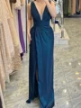 Sheath V-neck Pleated Floor-Length Silk Like Satin Corset Mother of the Bride Dress
