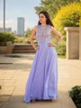 A-Line/Princess Scoop Sweep Train Chiffon Prom Dresses With Appliques Lace