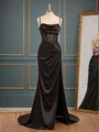 Sheath Silk Like Satin Spaghetti Straps Pleated Sweep Train Corset Dress