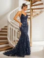 Mermaid V-neck Sequin Sweep Train Lace Dress