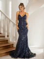 Mermaid V-neck Sequin Sweep Train Lace Dress