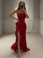 Sheath Spaghetti Straps Ruffles Sweep Train Silk Like Satin Dress