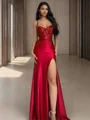 Sheath Spaghetti Straps Appliques Lace Floor-Length Silk Like Satin Dress