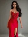 Sheath Spaghetti Straps Appliques Lace Floor-Length Silk Like Satin Dress