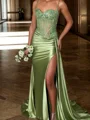 Sheath Spaghetti Straps Appliques Lace Sweep Train Silk Like Satin Corset Dress