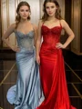 Sheath Spaghetti Straps Appliques Lace Sweep Train Silk Like Satin Corset Dress